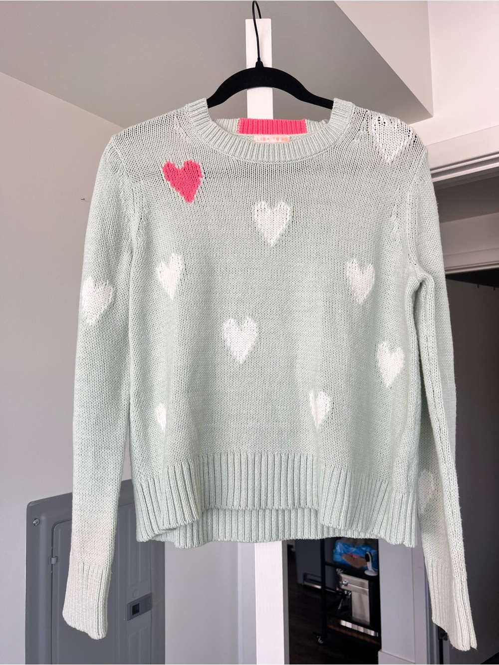 Lisa Todd Love Wins Heart Intarsia Sweater Mint Green & Hearts Sz Small